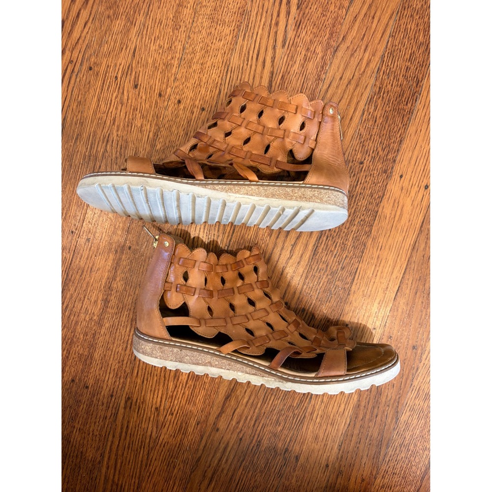 Pikolinos Woven Leather Gladiator Sandals Tan Brown Zip Ankle Size 40 Womens